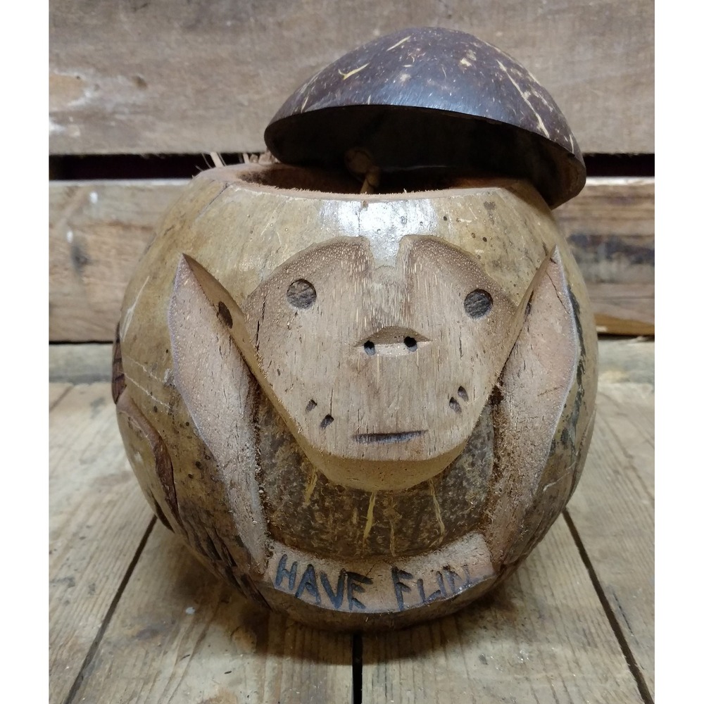 Vintage Hand Carved Coconut "Have Fun" with Face Storage Inside
